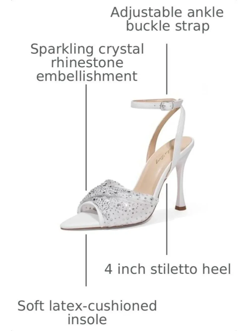 Women's White Mesh Rhinestone 4 Inch Strappy High Heels Sandals Pointed Open Toe